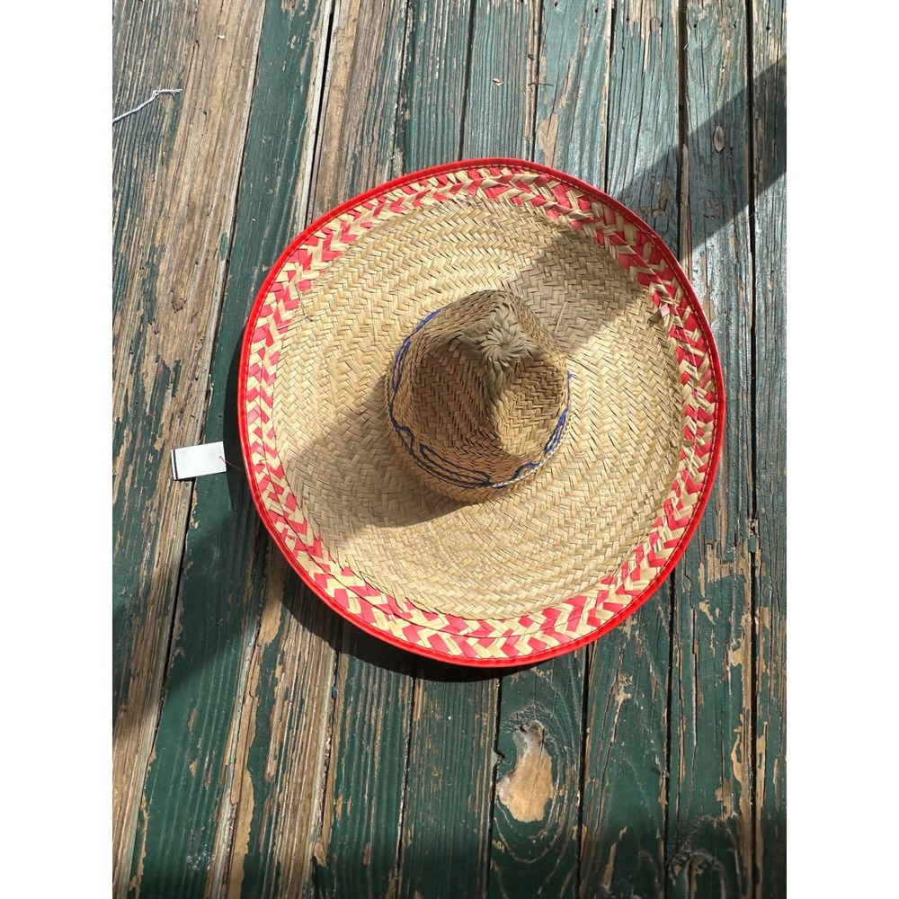 Vintage Mexican Straw Sombrero Hat Red Pink Trim Woven Sun Hat Festive Costume